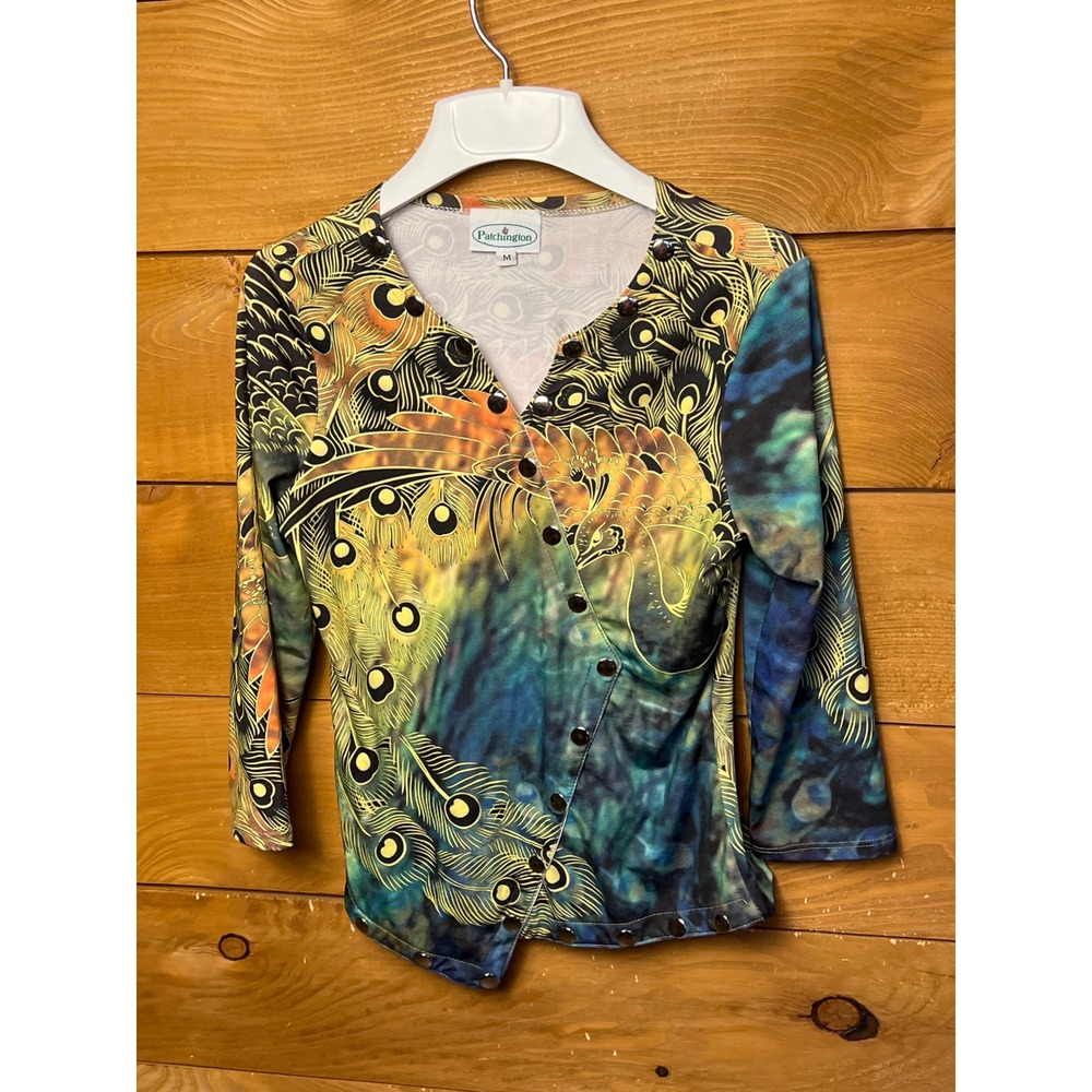 Patchington Women's M Peacock Print V-Neck 3/4 Sleeve Button Up Top Artsy 
Vibra